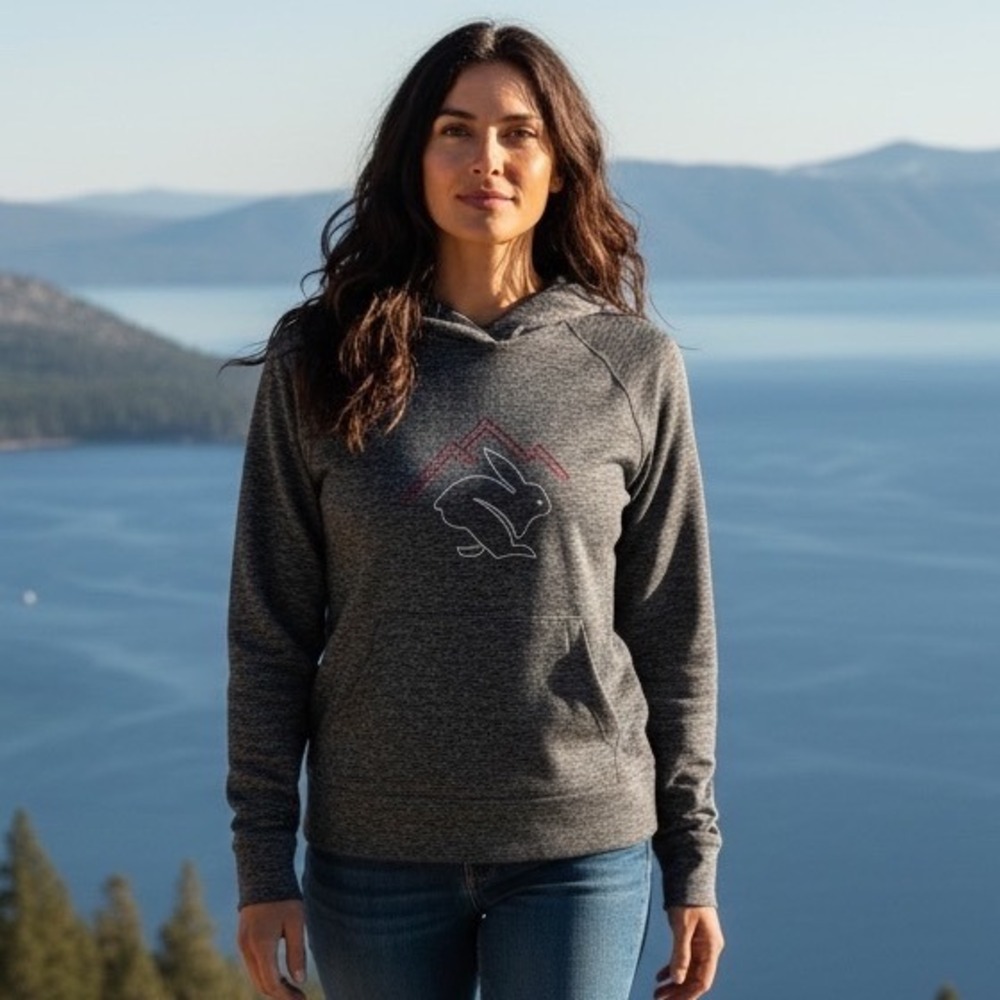 Rabbit Womens Running Hoodie Charcoal Grey Mountain Graphic Fleece Lined Medium